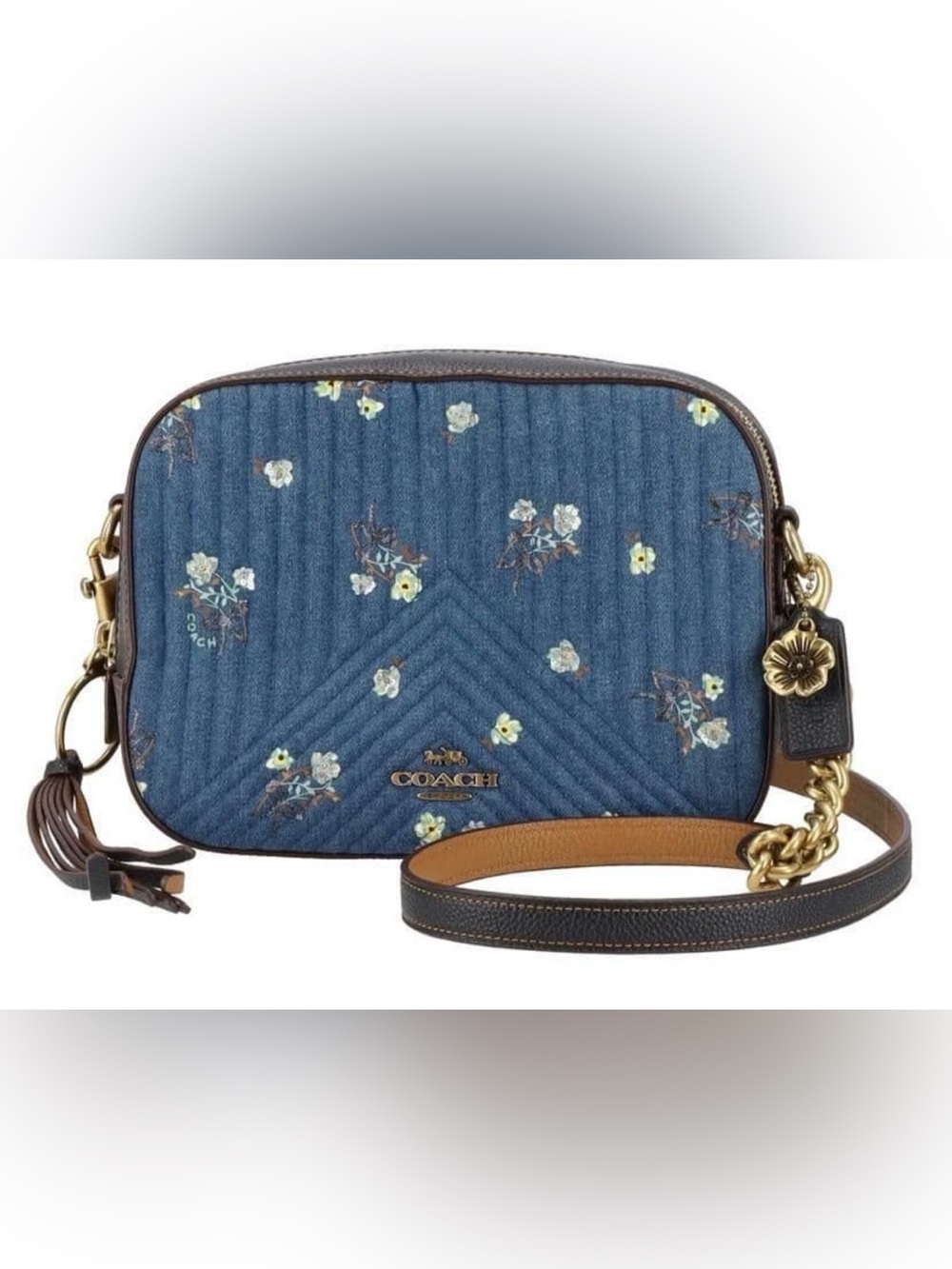NWOT COACH Denim Quilted Floral Bow Camera Crossbody Bag